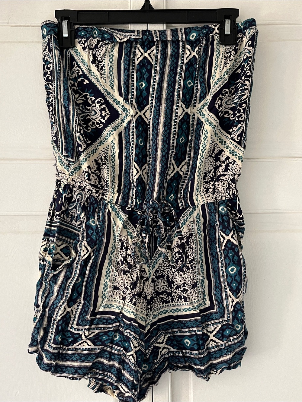 Angie Strapless Printed Romper in Navy, Teal & Cream